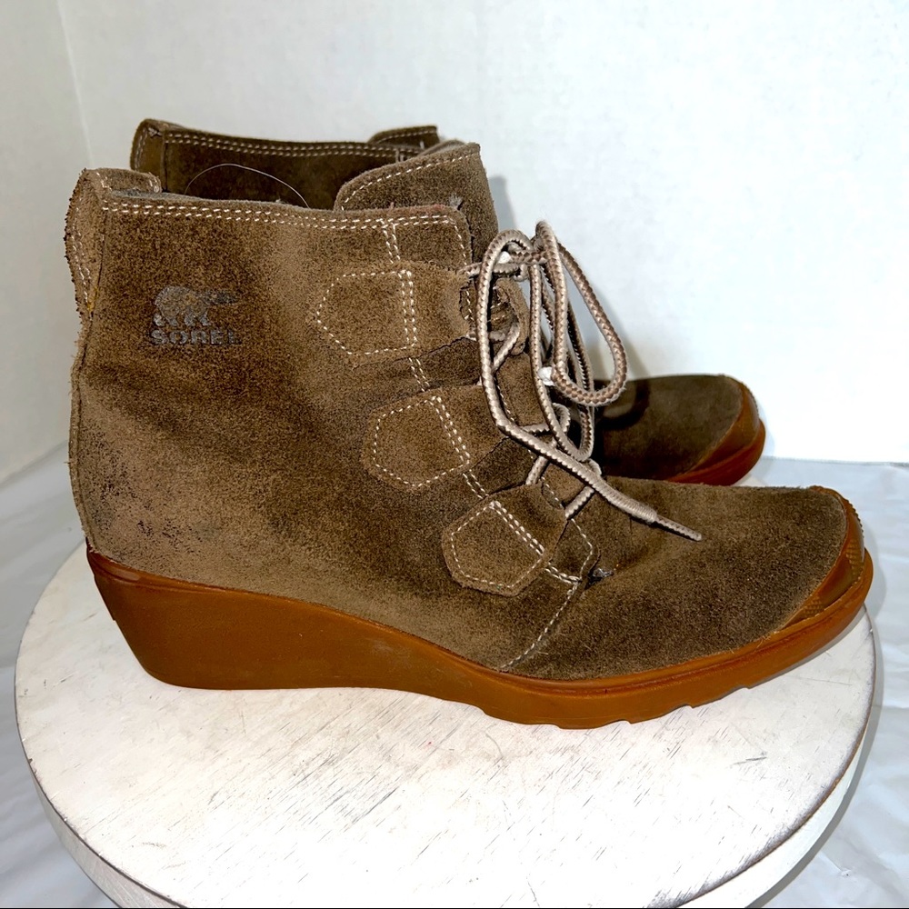 Sorel Brown Suede Wedge Lace-Up Ankle Boots